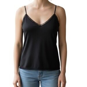 By Eloise 100% Silk Camisole Whimsigoth Black Lace Trim Tank Size Small Coquette